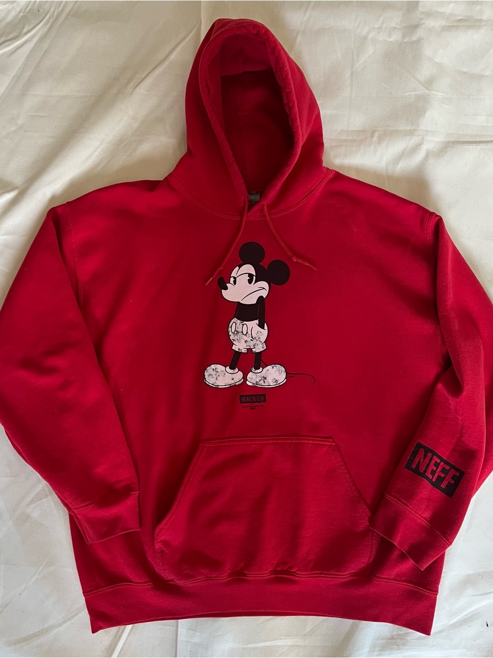 Neff Red Hoodie with Mickey Graphic and NEFF Sleeve Logo. Size Large